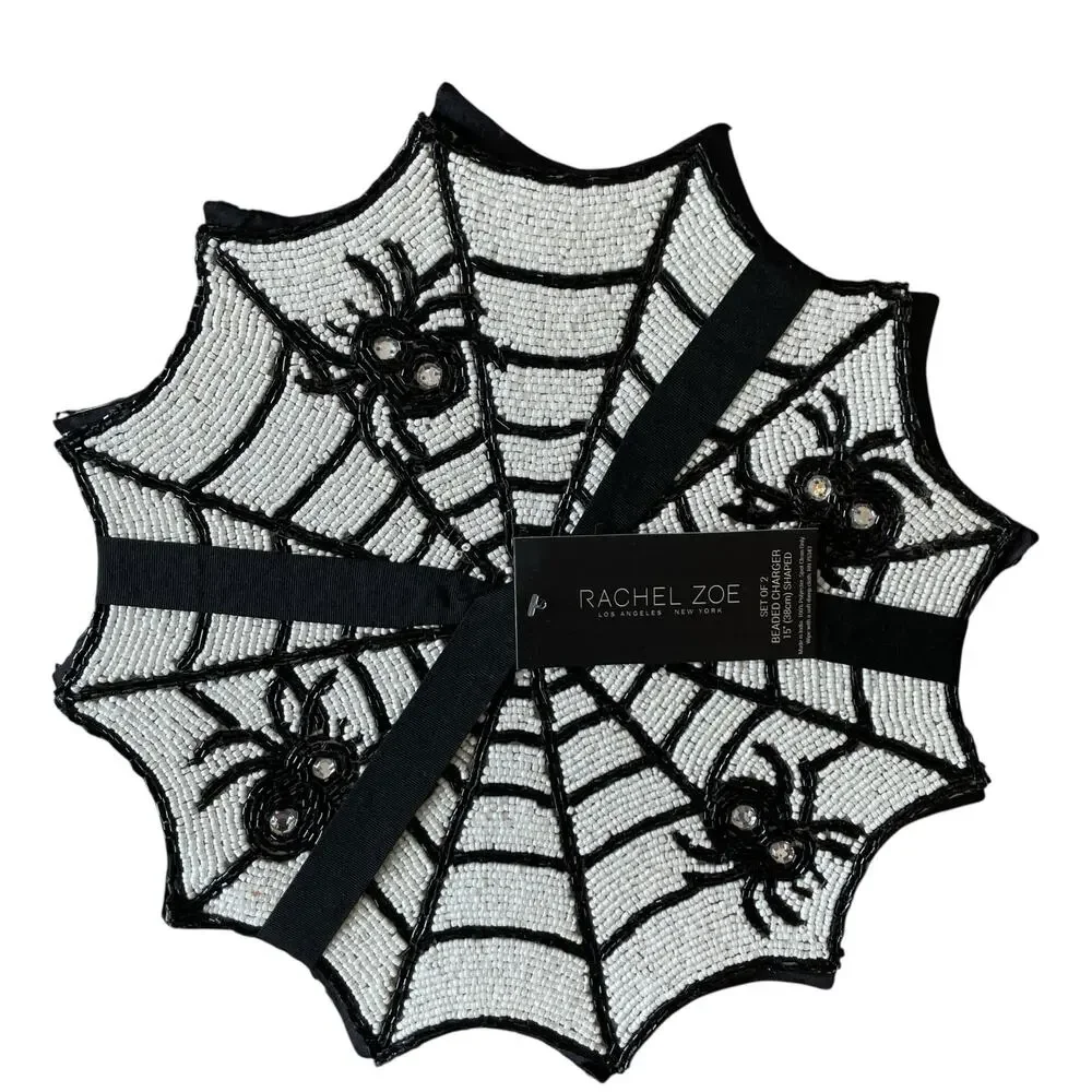 2pc Rachel Zoe Halloween Spider Web Beaded Placemat Charger 15in Black & White